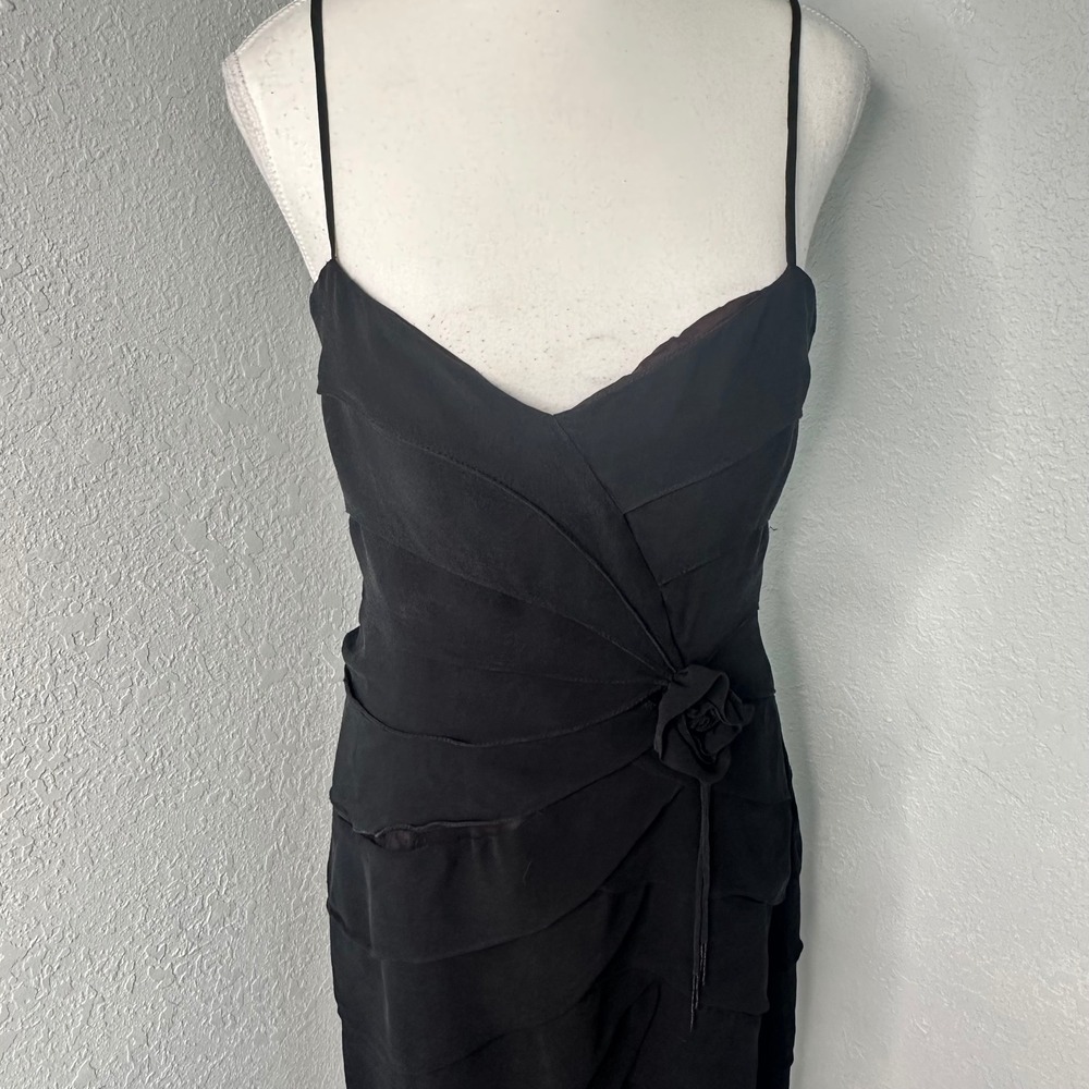 Lillie Rubin Black Silk Tiered Ruffled Rose Accent Sheath Dress‎ Size 8